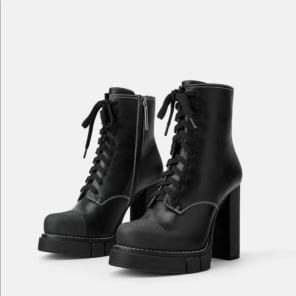 Zara Leather High Heel Ankle Boots Lug Soles Black - Picture 2 of 10